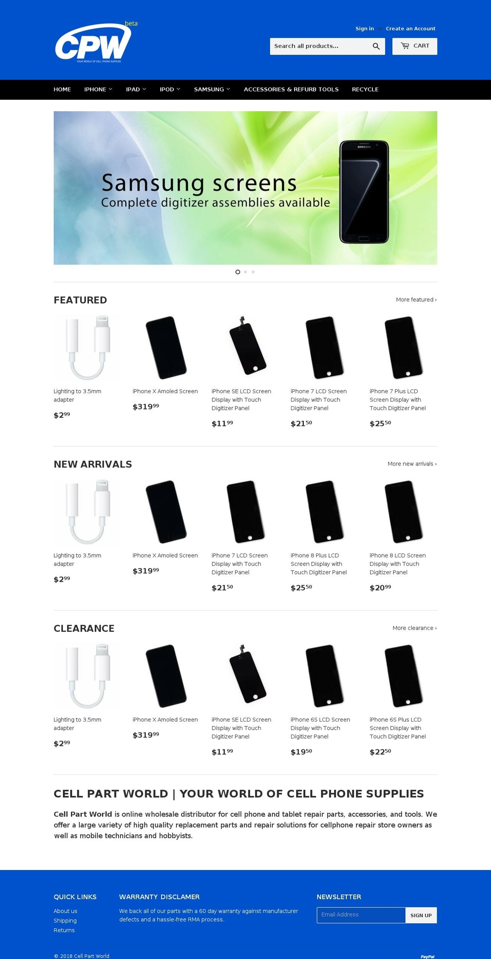 cellpartworld.com shopify website screenshot