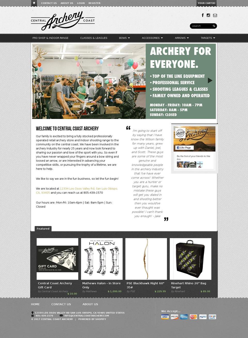 centralcoastarchery.com shopify website screenshot