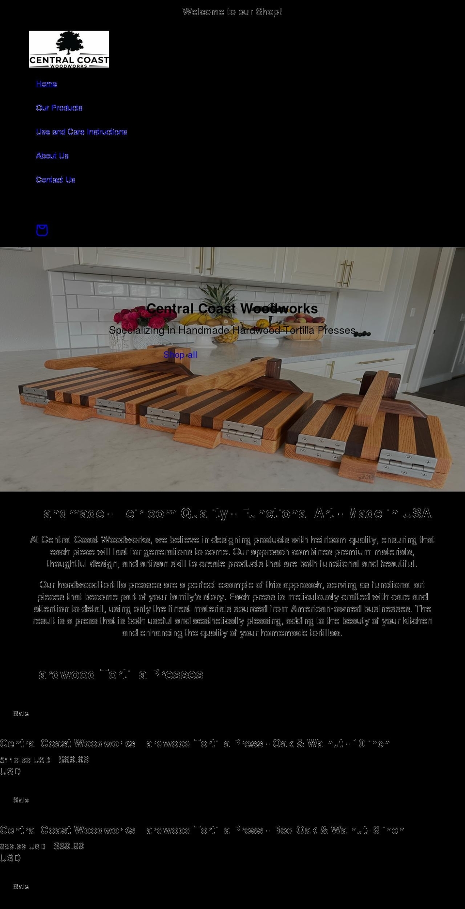 centralcoastwoodworks.com shopify website screenshot