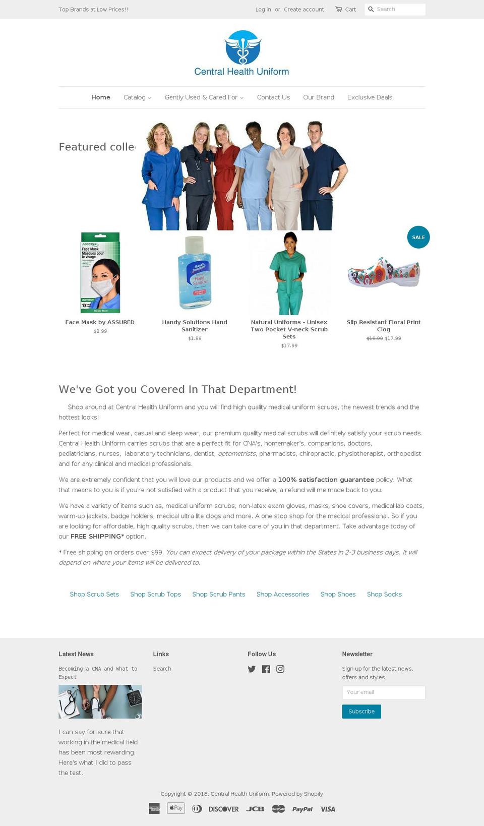 centralhealthuniform.com shopify website screenshot