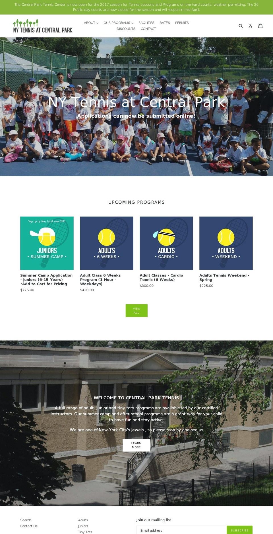 centralparktenniscenter.com shopify website screenshot