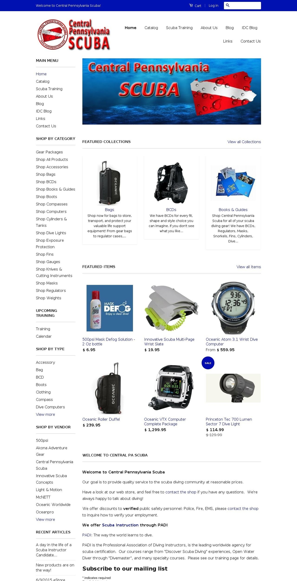 centralpascuba.com shopify website screenshot