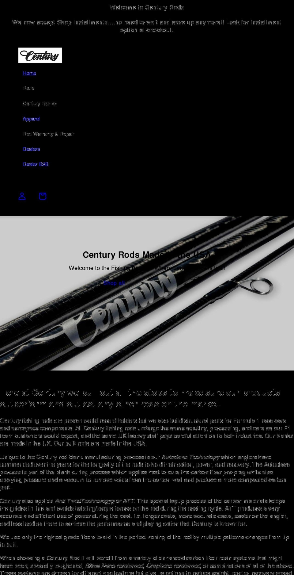 centuryrods.com shopify website screenshot
