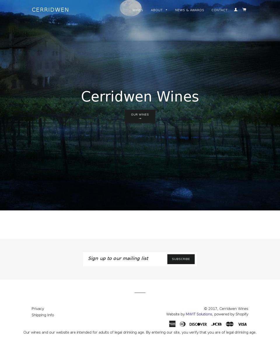 cerridwenwines.com shopify website screenshot