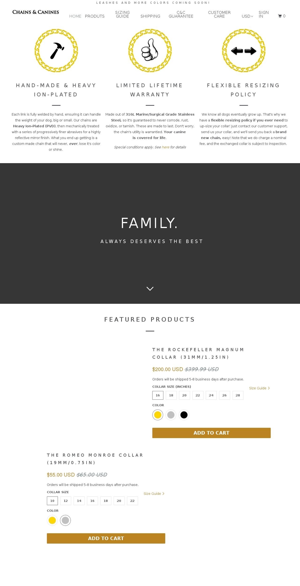 chainsandcanines.com — Shopify storefront screenshot