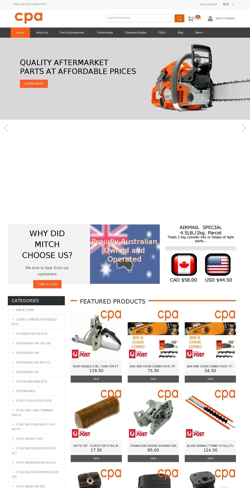 chainsawpartsaustralia.com shopify website screenshot