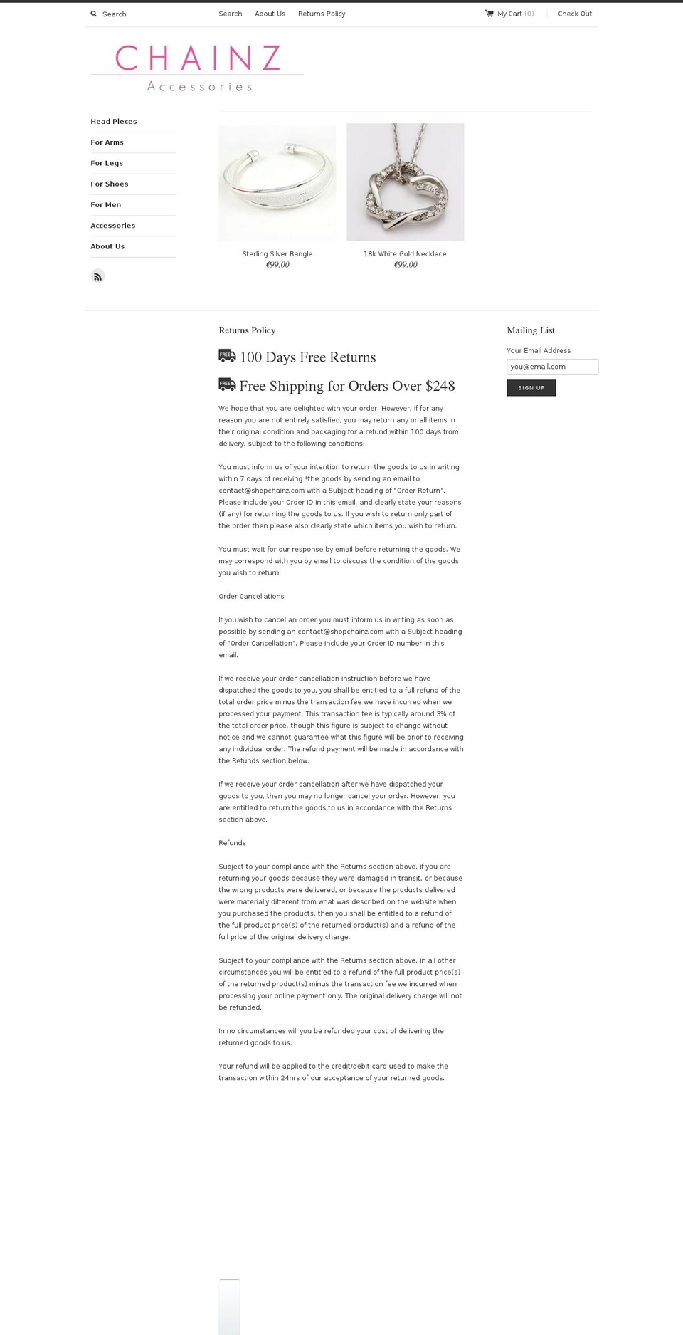 chainzjewellery.com shopify website screenshot