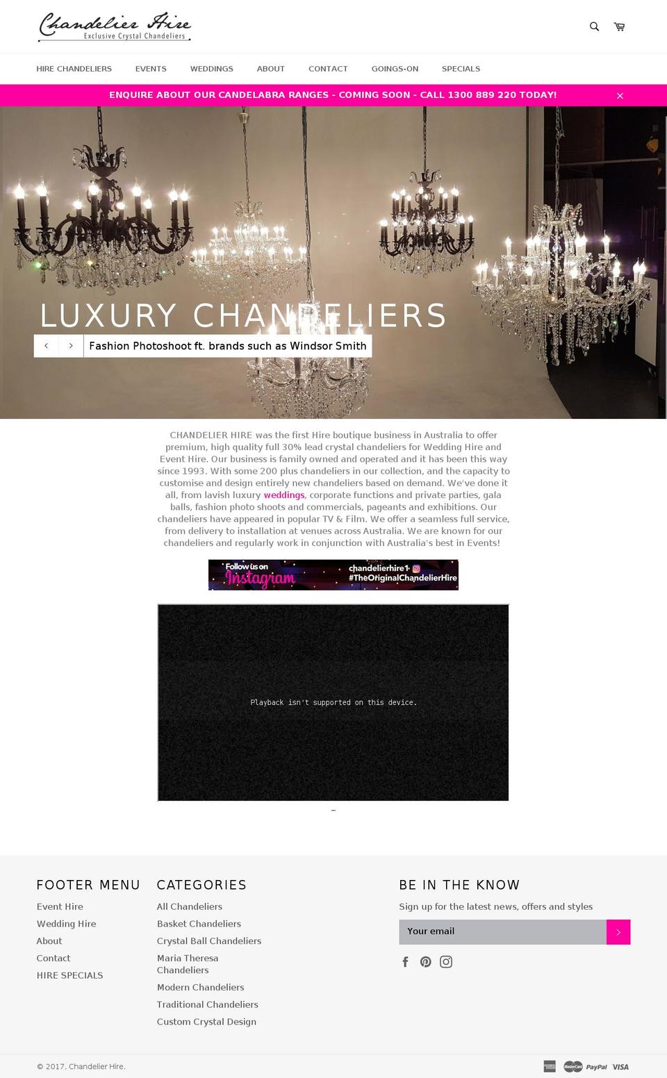 chandelierhire.com.au shopify website screenshot