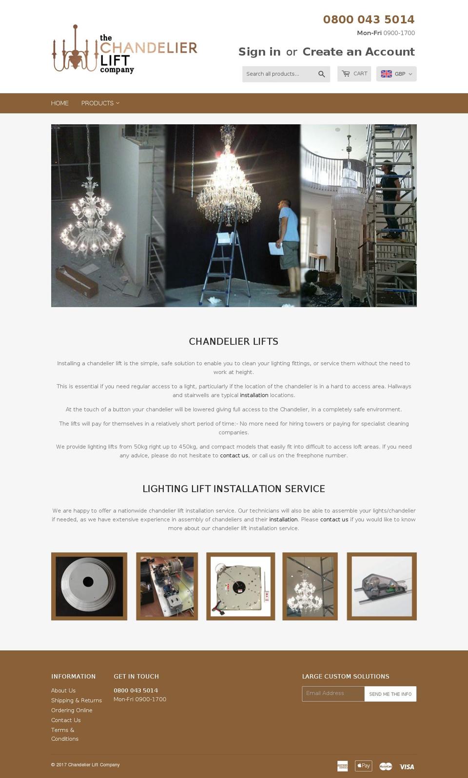 chandelierliftcompany.co.uk shopify website screenshot