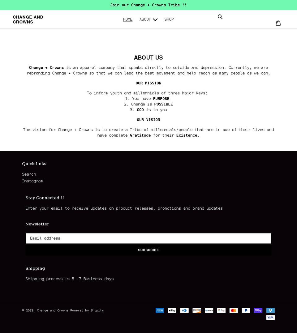 changeandcrowns.com shopify website screenshot
