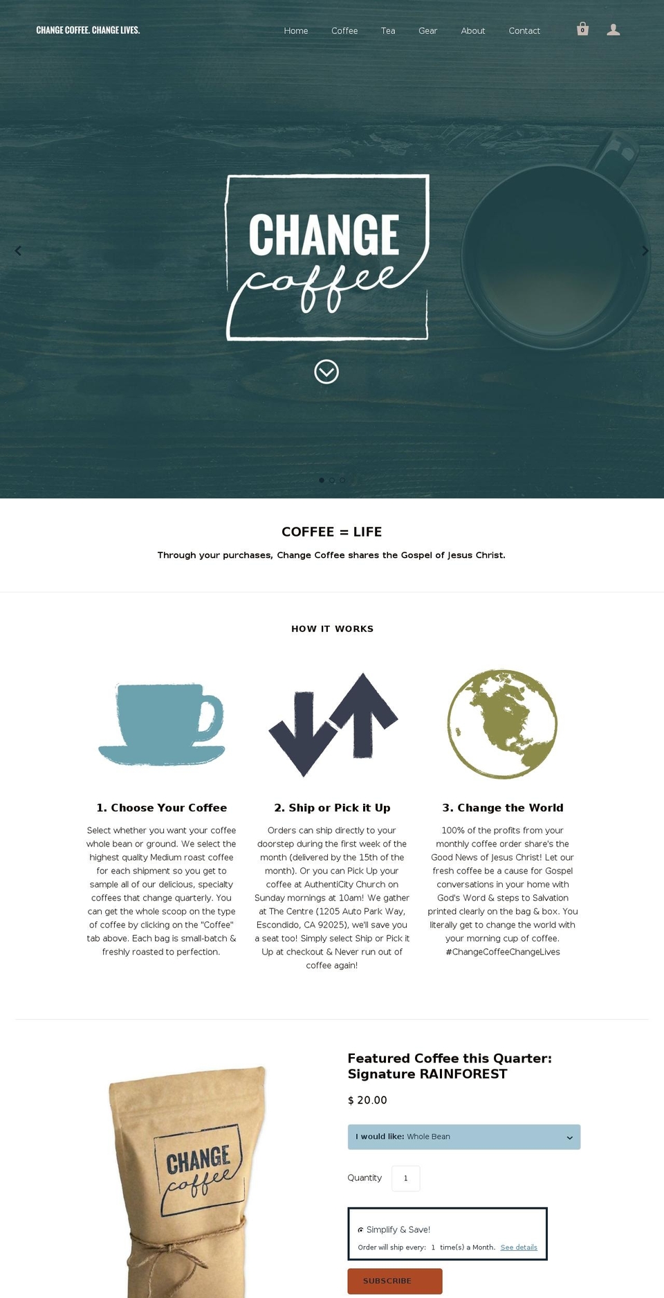 changecoffeeandtea.com — Shopify storefront screenshot