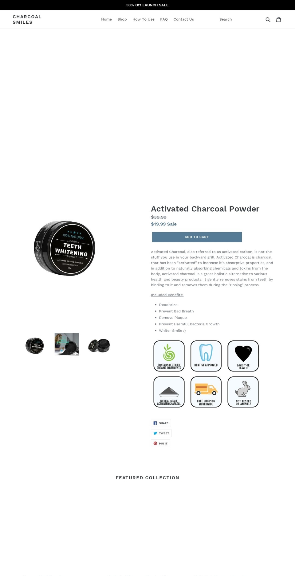 charcoalsmiles.co shopify website screenshot