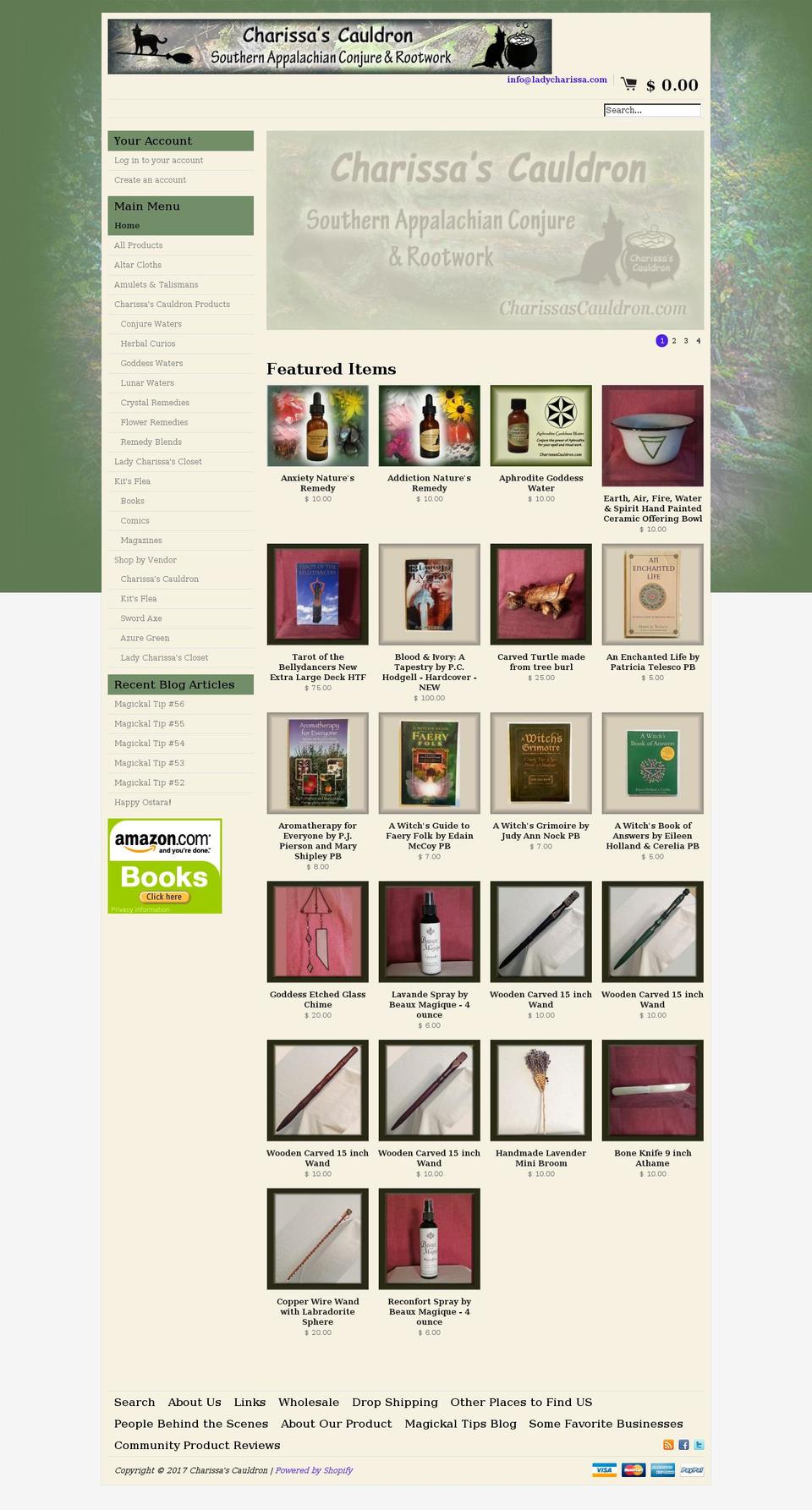 charissascauldron.com shopify website screenshot