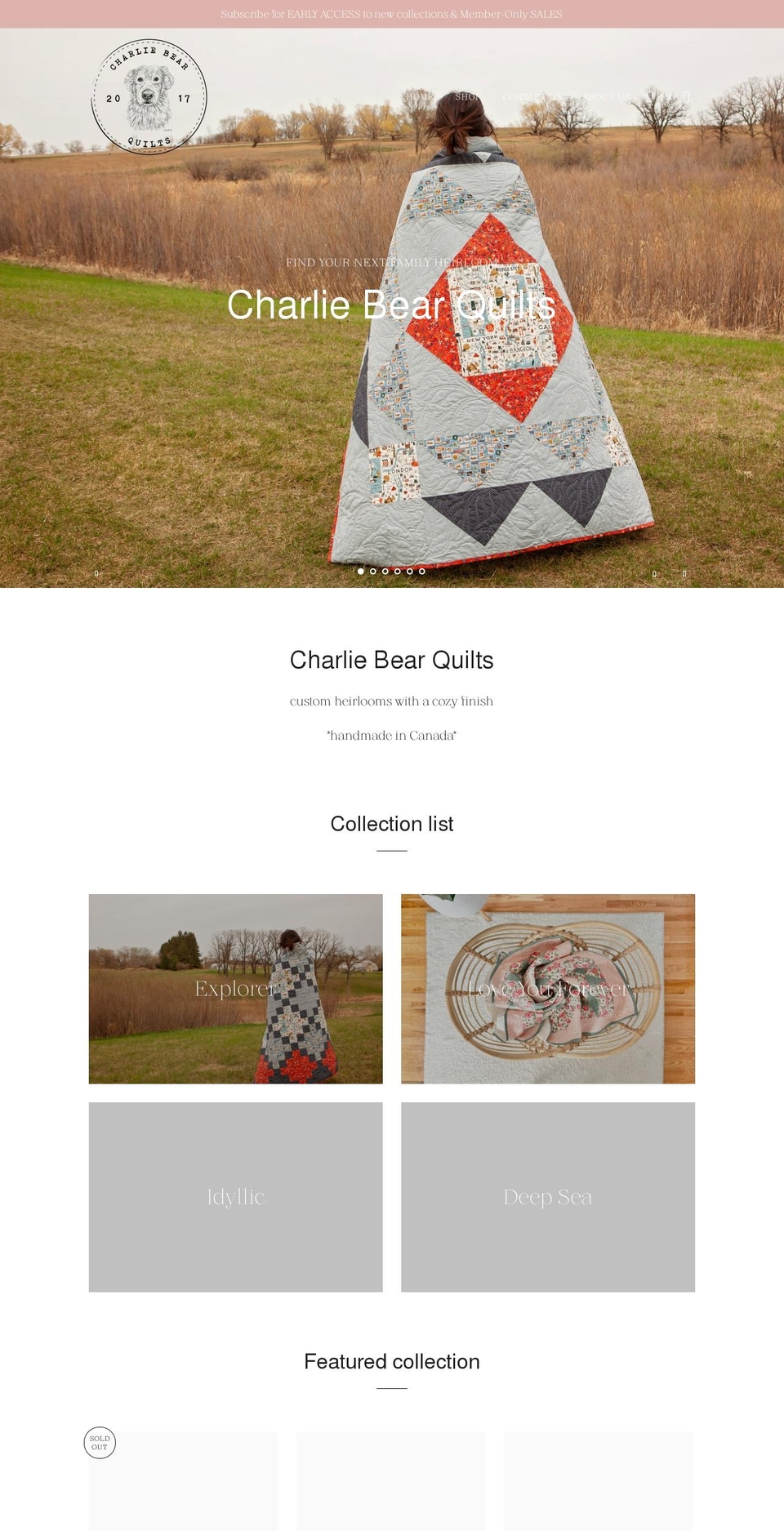 charliebearquilts.com shopify website screenshot