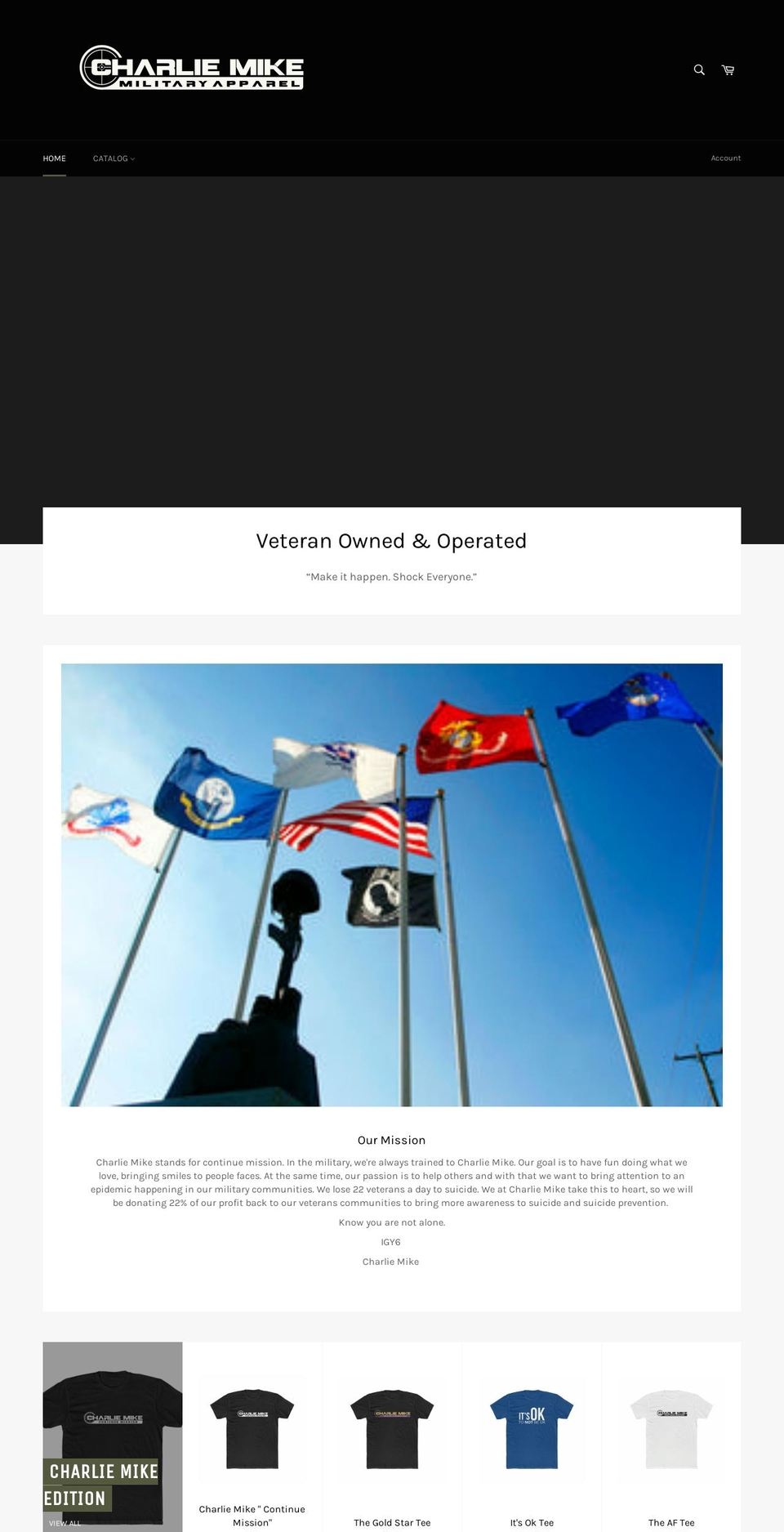 charliemikemilitaryapparel.com — Shopify storefront screenshot