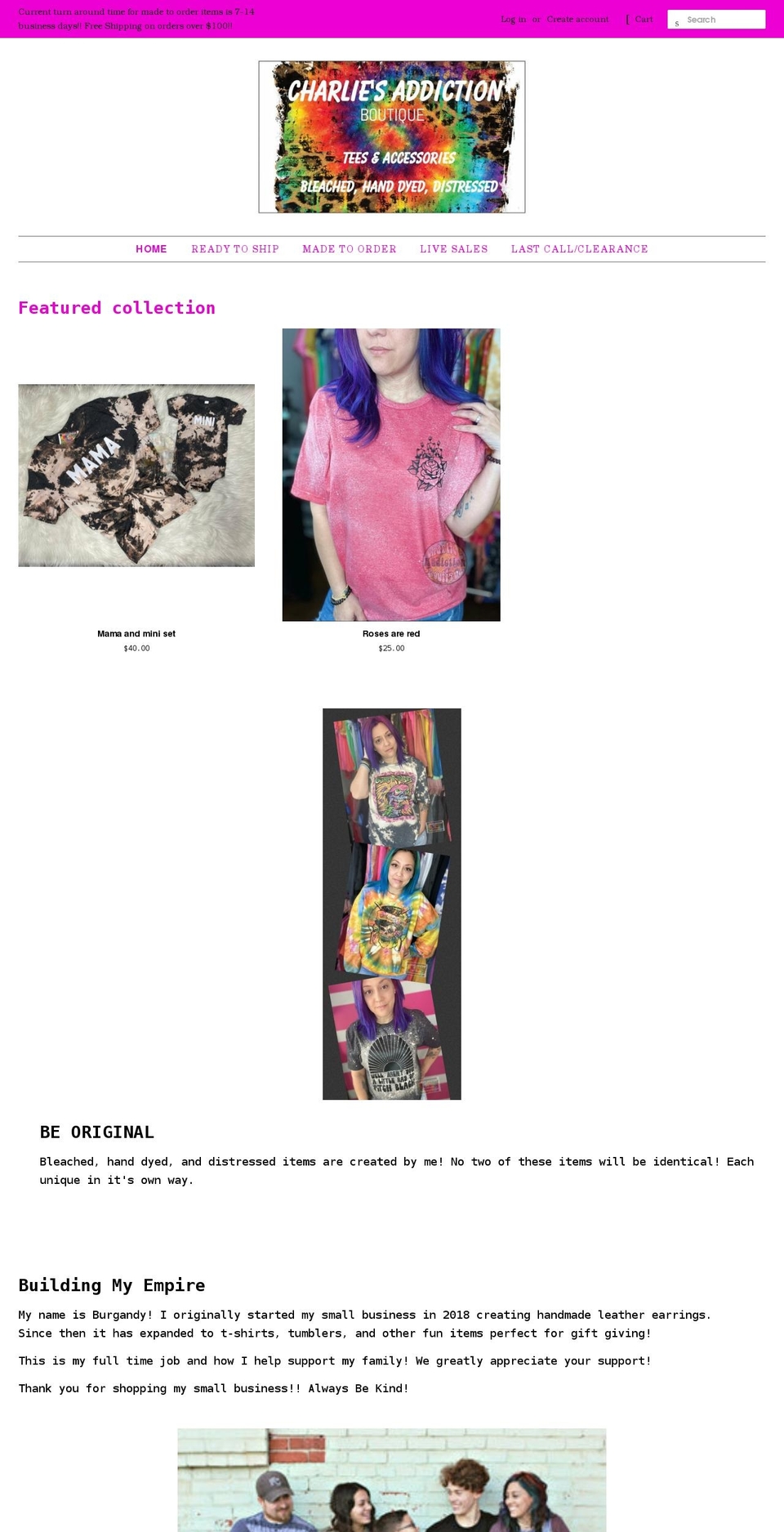 charliesaddictionboutique.com shopify website screenshot