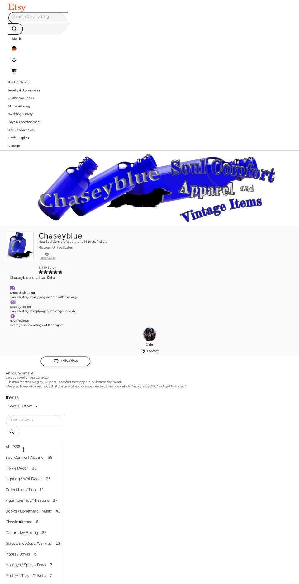 chaseybluevintage.com — Shopify storefront screenshot