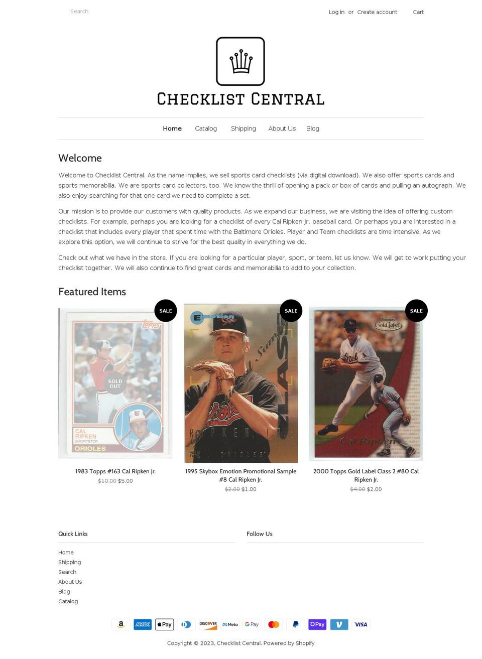 checklistcentral.cards shopify website screenshot