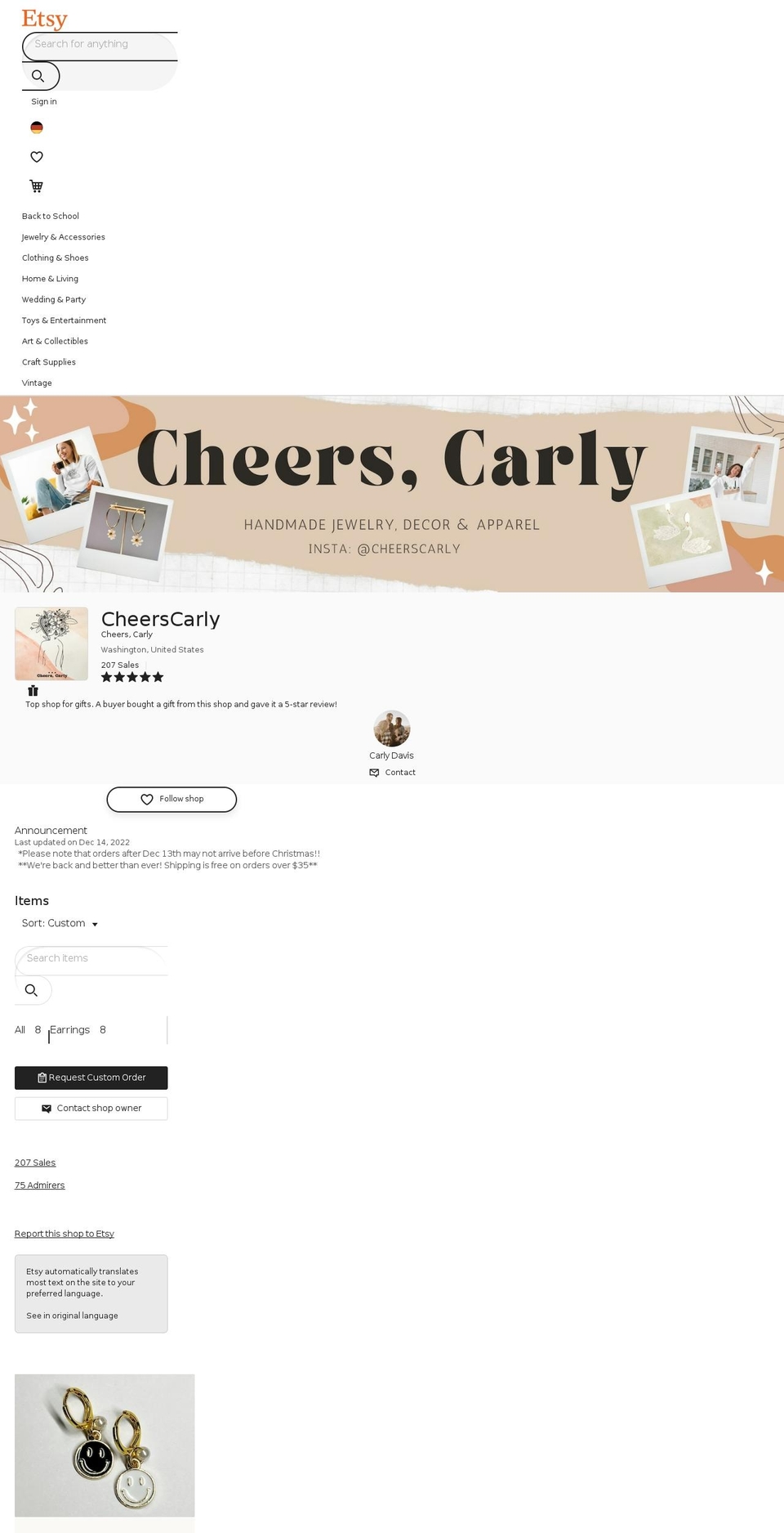 cheerscarly.com shopify website screenshot