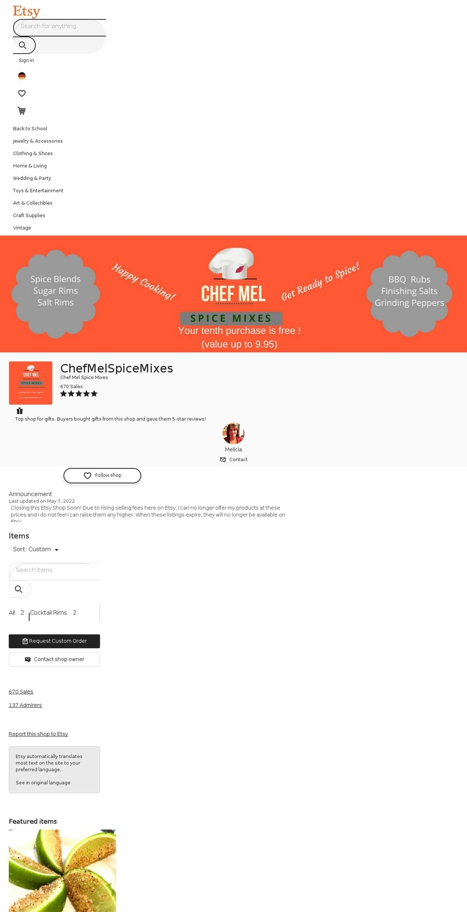 chefmelspicemixes.com — Shopify storefront screenshot