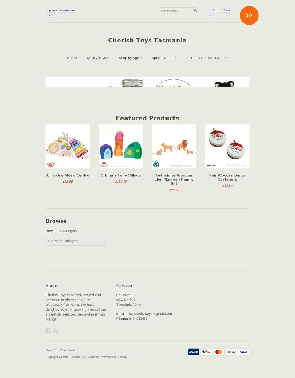 cherishtoystasmania.com shopify website screenshot
