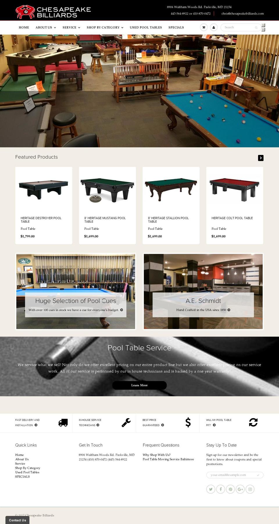 chesapeakebilliards.com shopify website screenshot