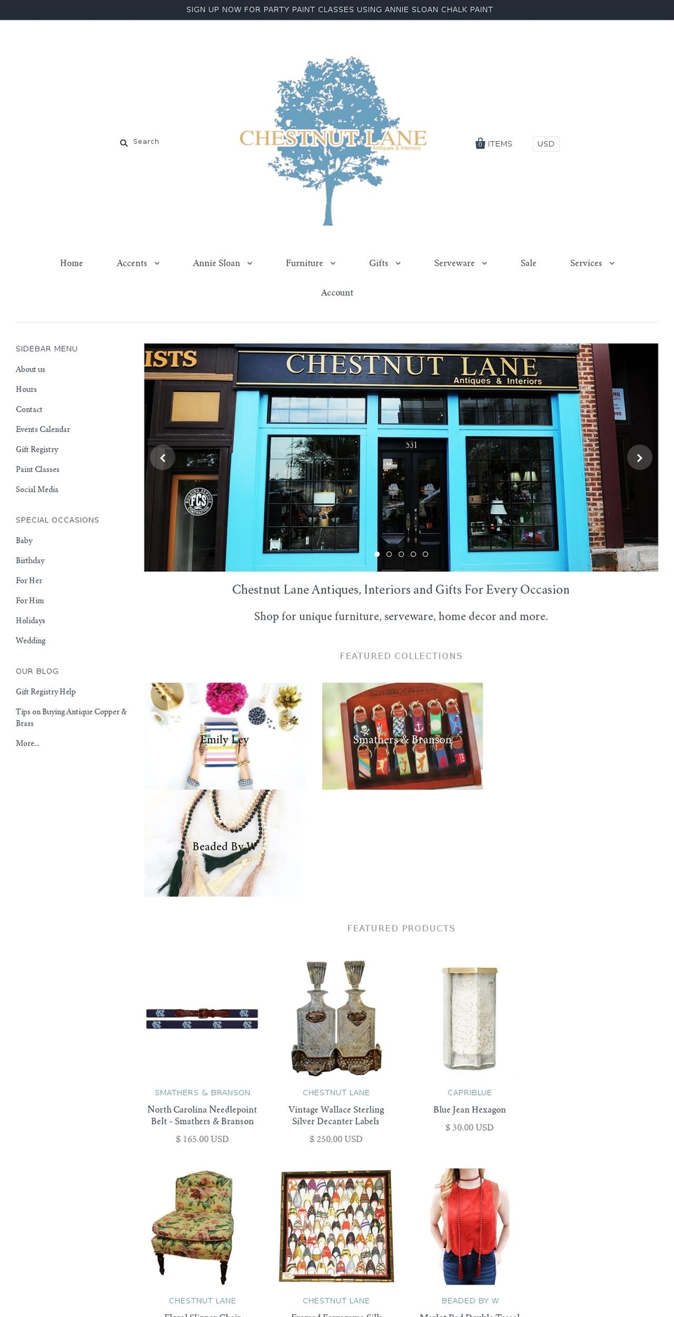 chestnutlaneantiques.com shopify website screenshot