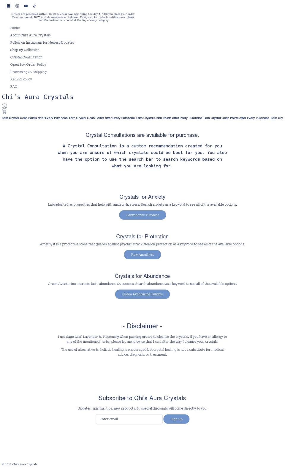 chiauracrystals.com shopify website screenshot