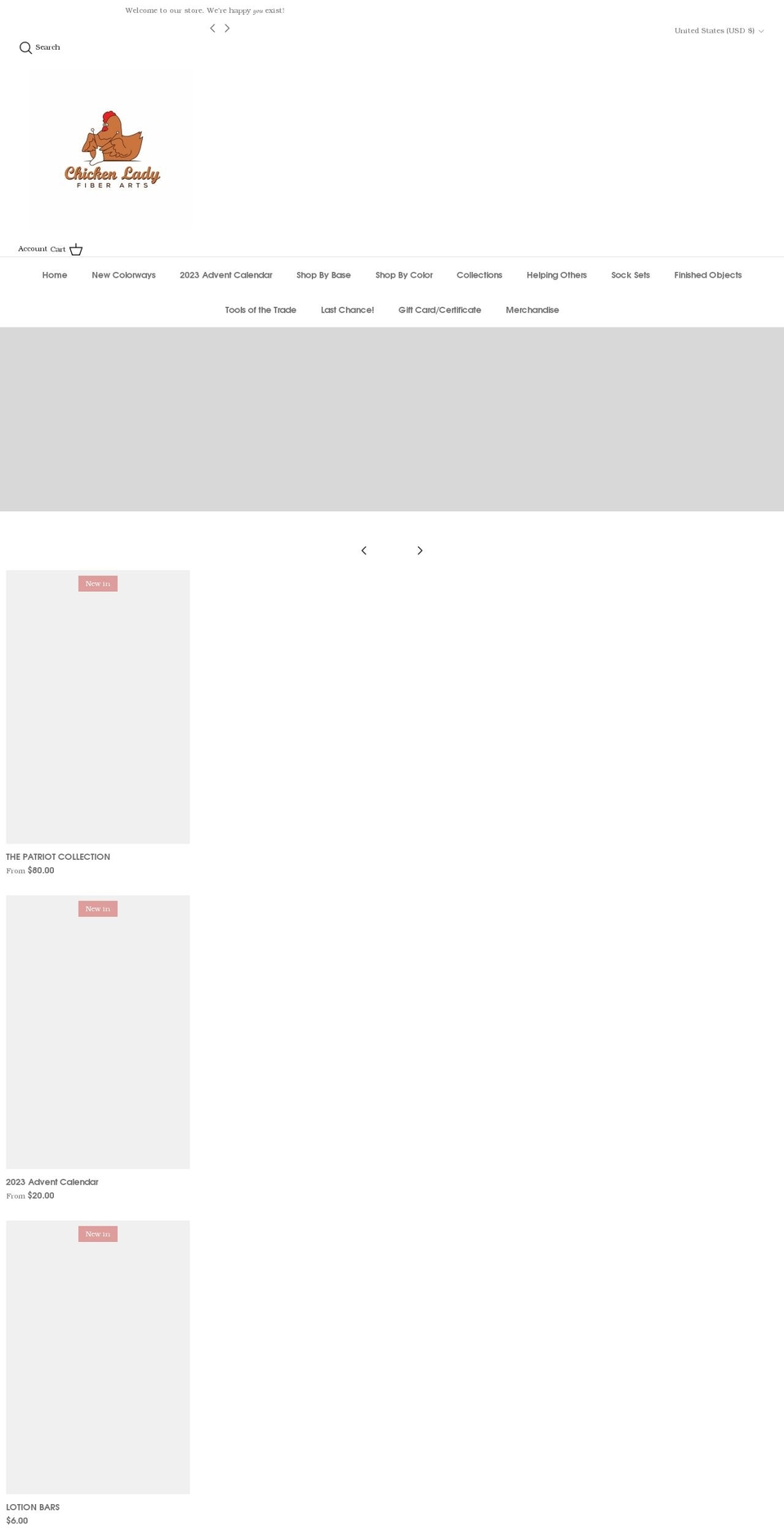 chickenladyfiberarts.com shopify website screenshot