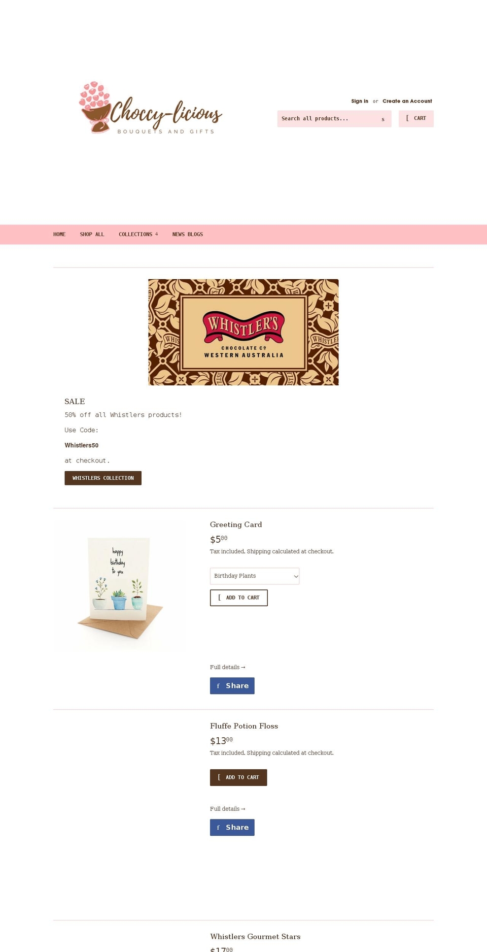 choccy-liciousbouquets.com.au shopify website screenshot