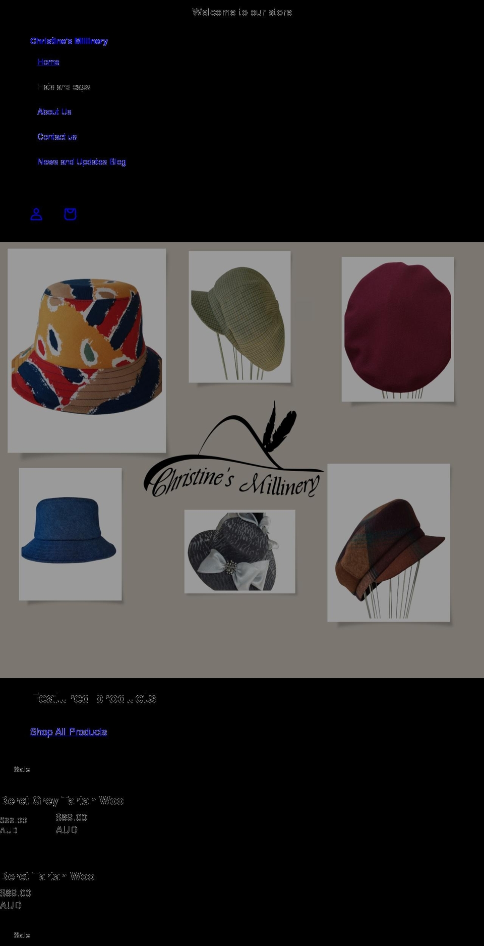 christinesmillinery.com shopify website screenshot