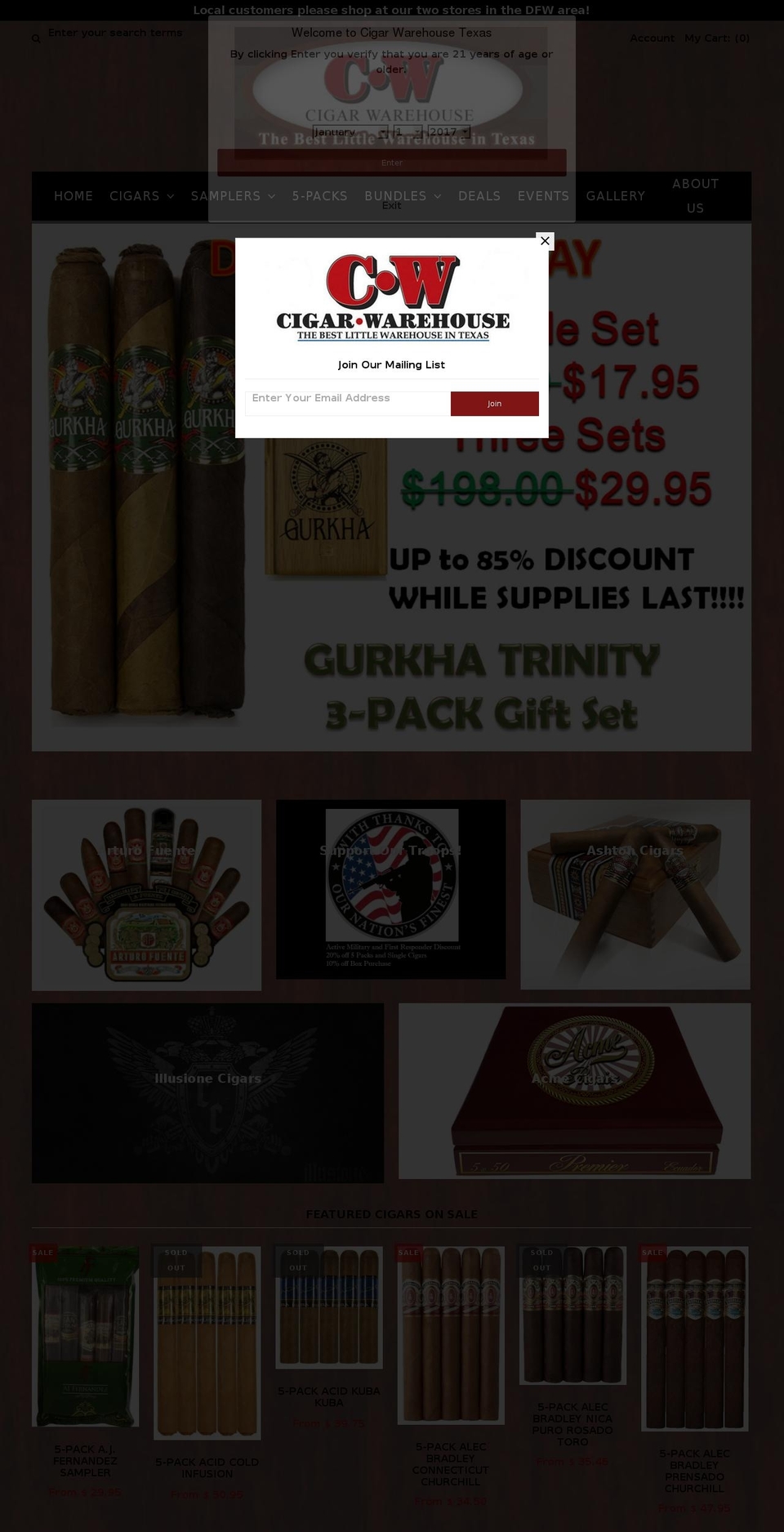 cigarwarehousetx.com shopify website screenshot