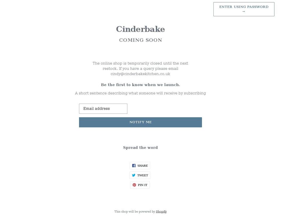 cinderbakekitchen.co.uk shopify website screenshot