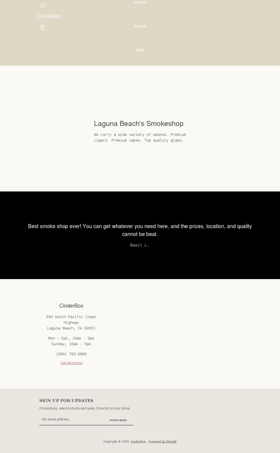 cinderboxlaguna.com shopify website screenshot