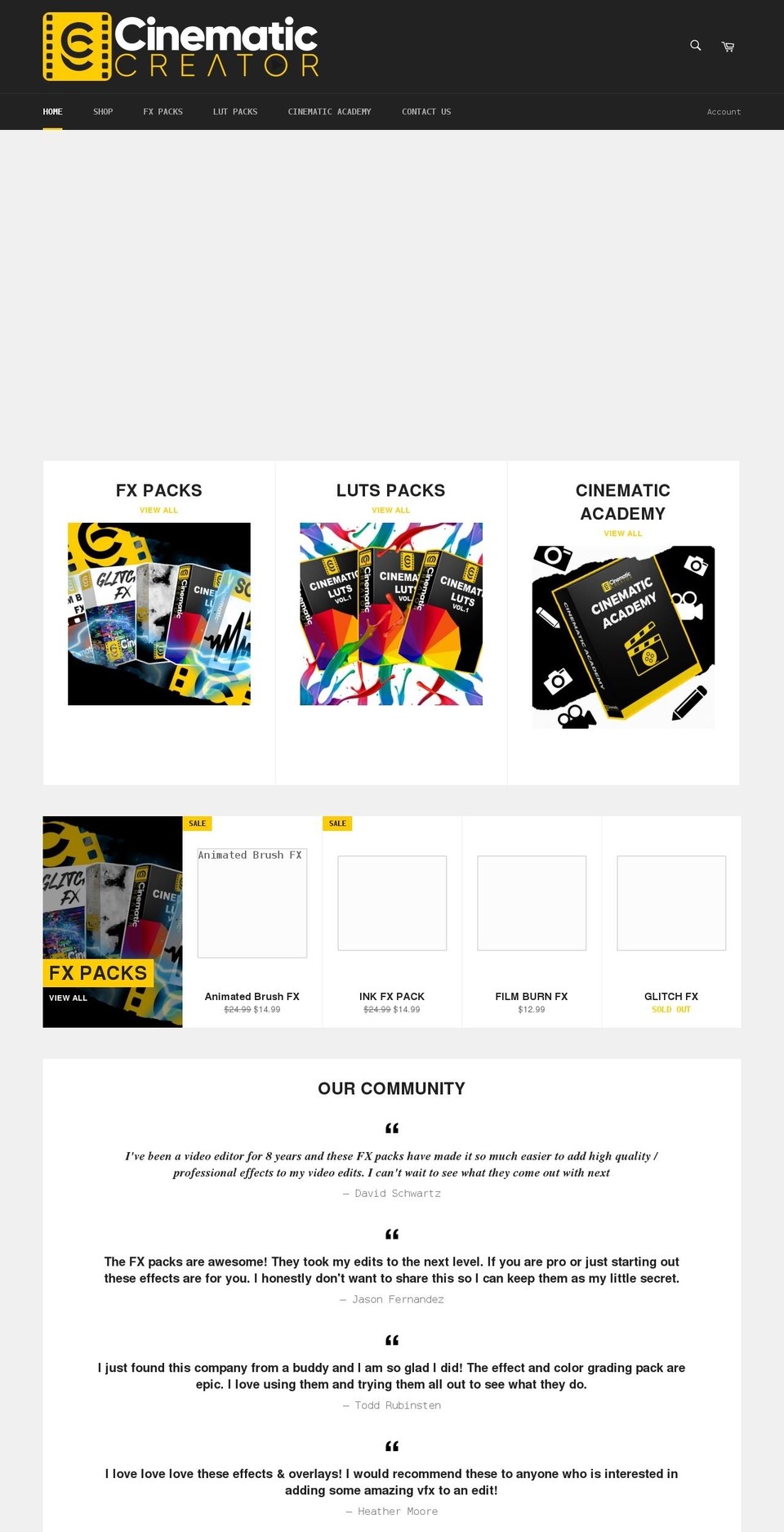 cinematiccreator.com shopify website screenshot