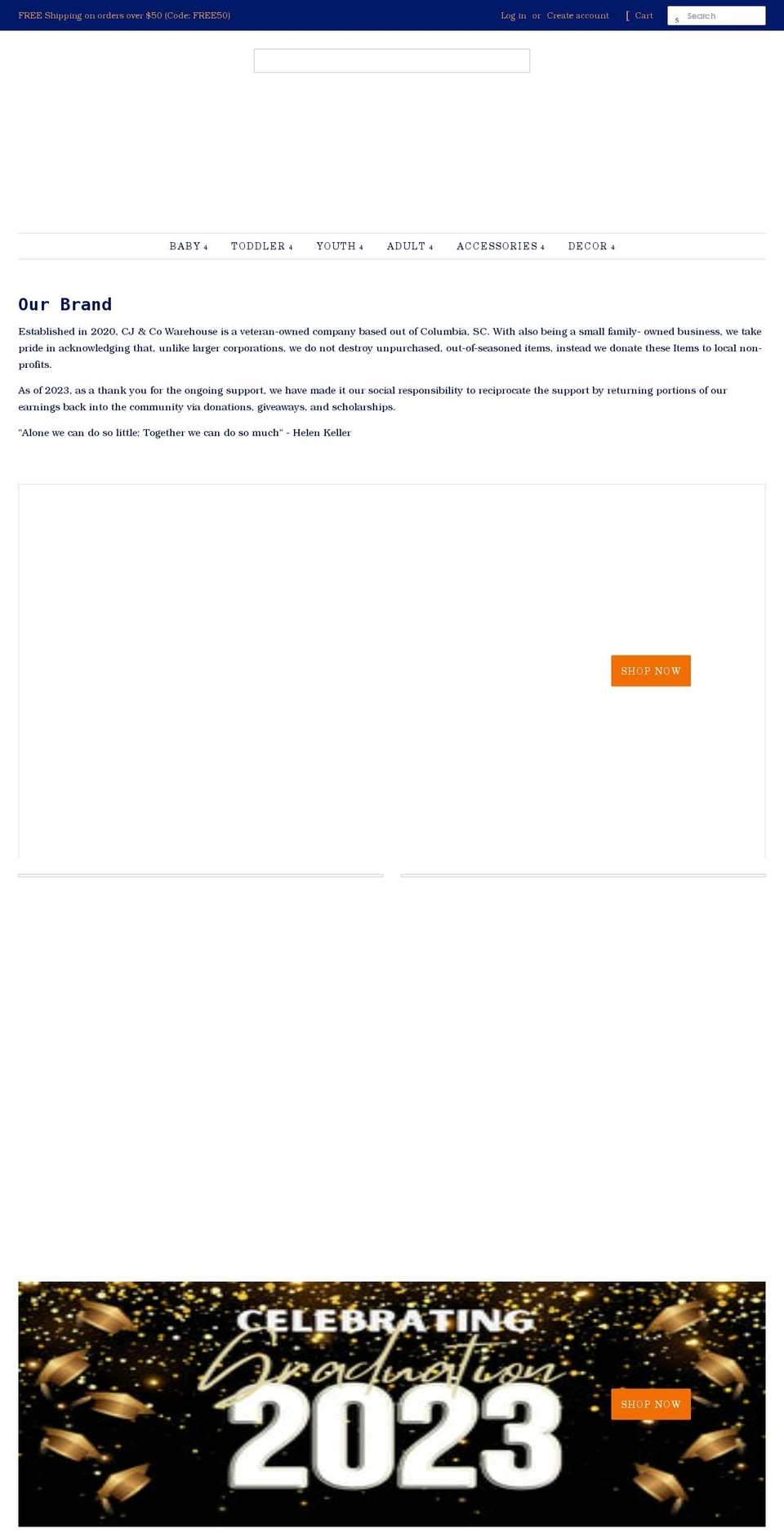 cjcowarehouse.com shopify website screenshot