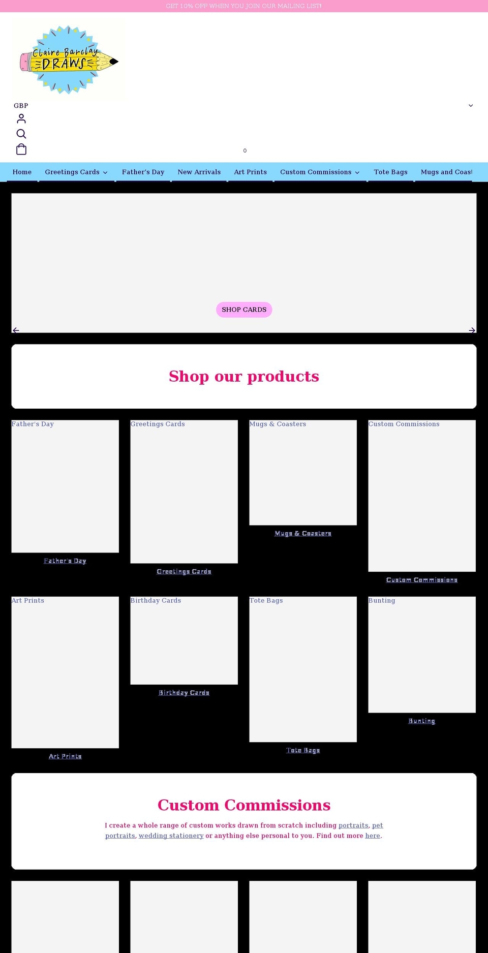 clairebarclaydraws.com shopify website screenshot