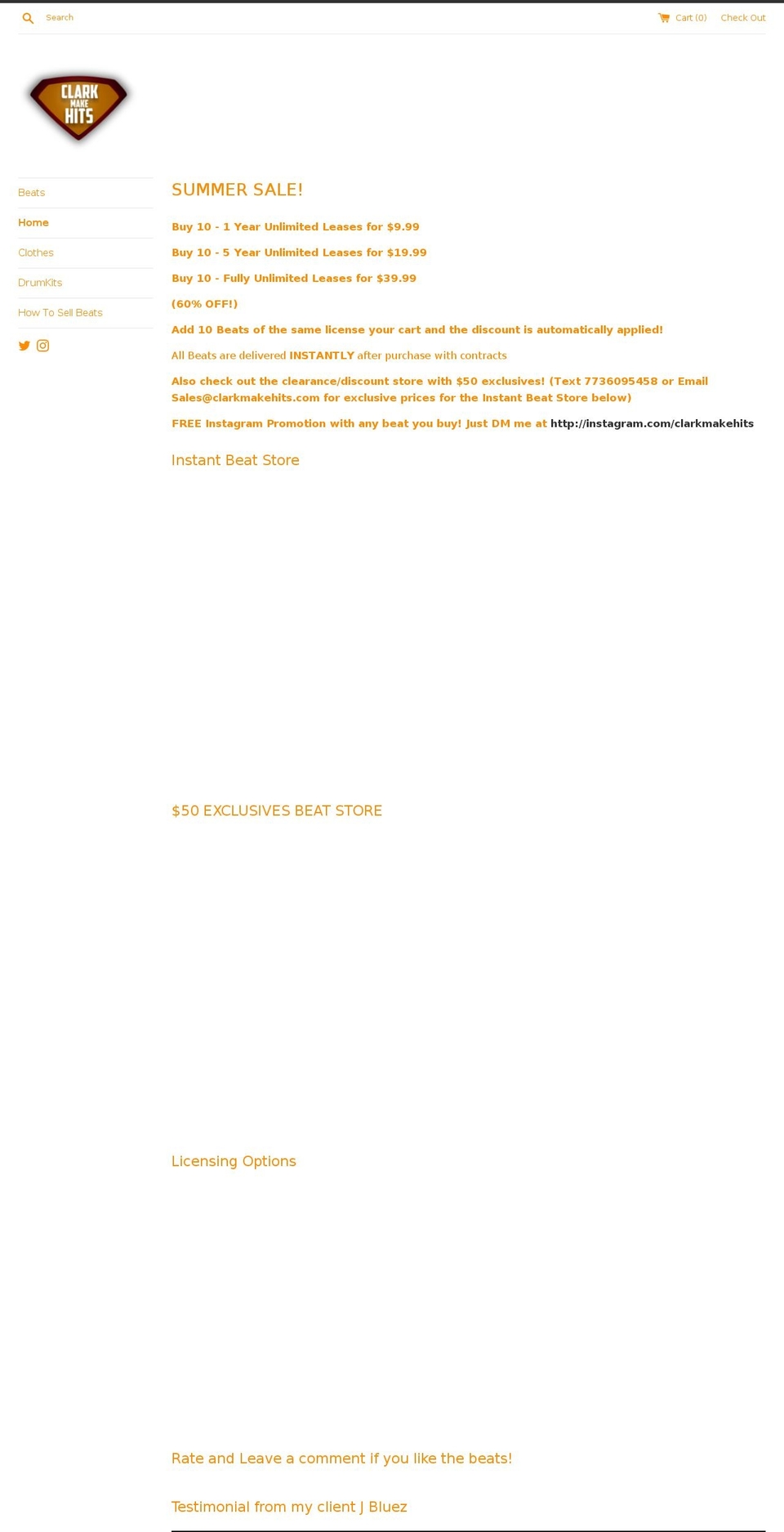 clarkmakehits.com — Shopify storefront screenshot