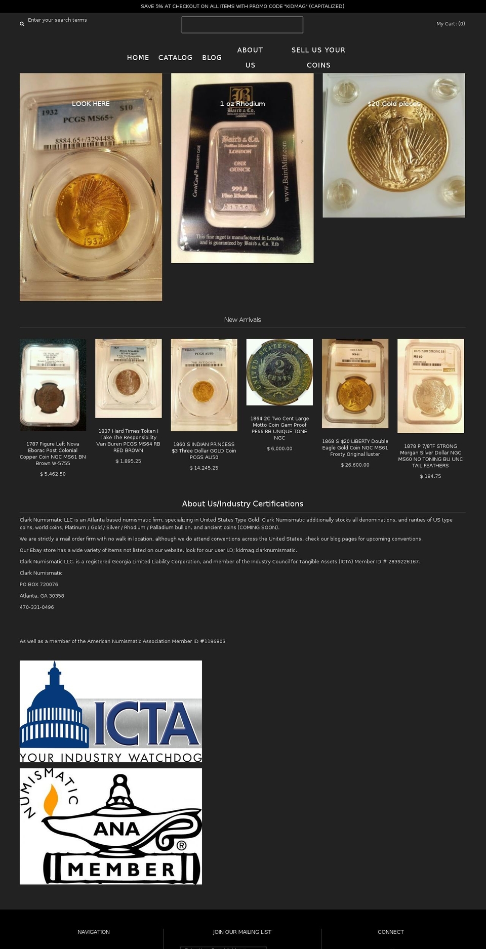 clarknumismatic.com shopify website screenshot