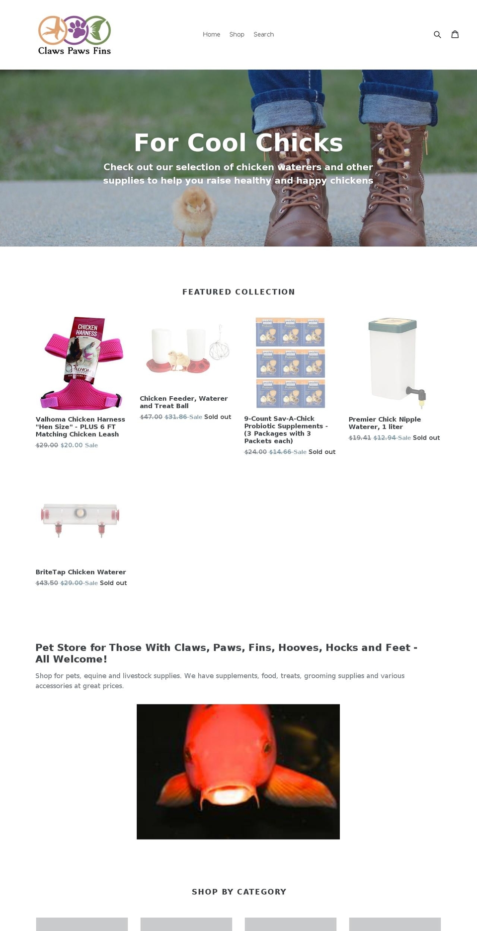 clawspawsfins.com — Shopify storefront screenshot