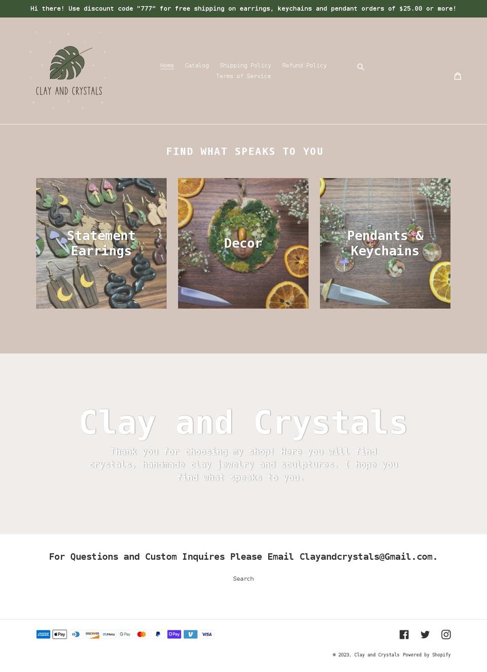 clayandcrystals.com shopify website screenshot