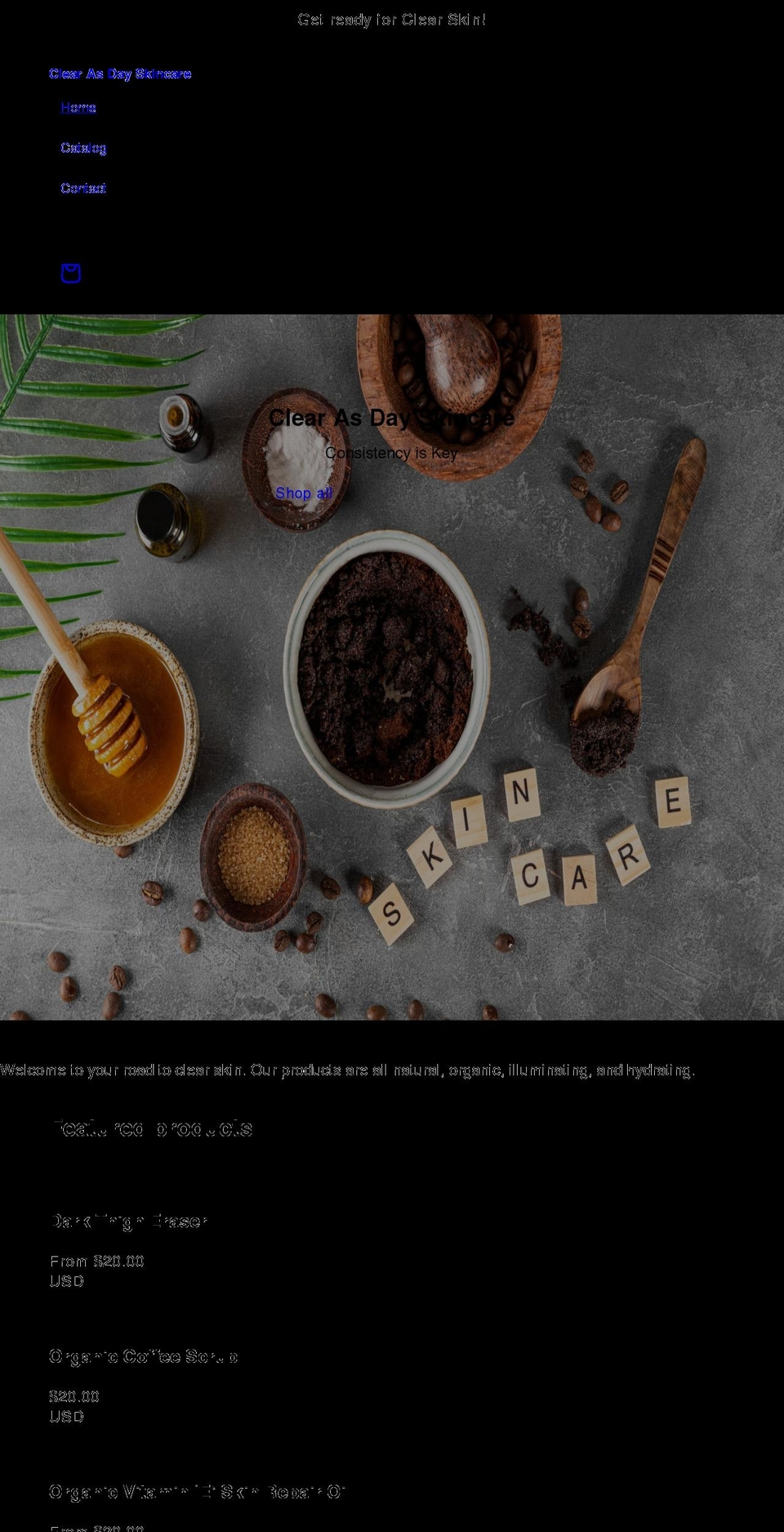 clearasdayskincare.com shopify website screenshot