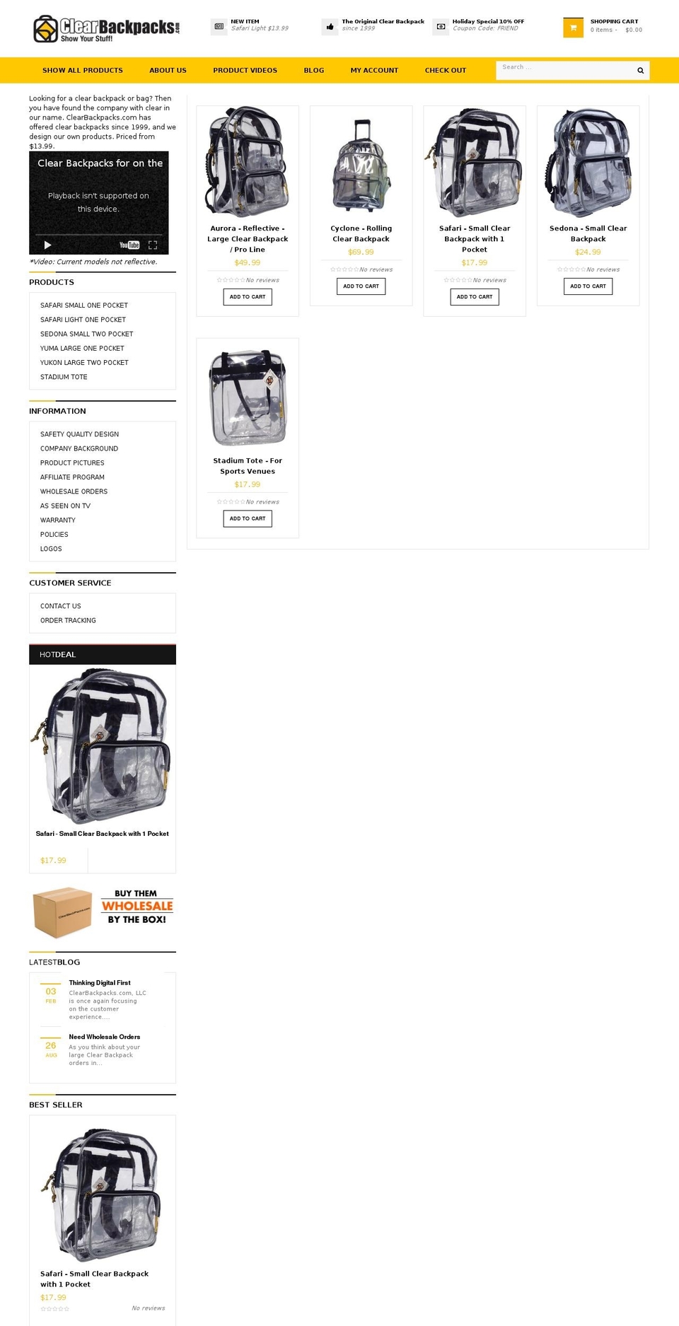 clearbackpacks.com shopify website screenshot