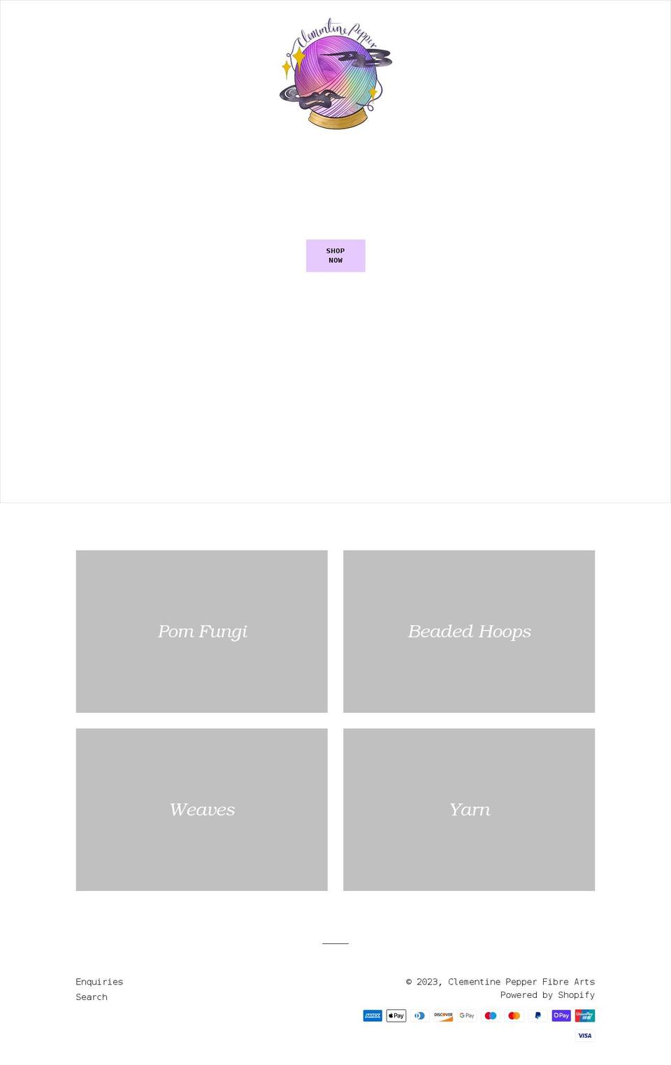 clementinepepperfibrearts.com shopify website screenshot