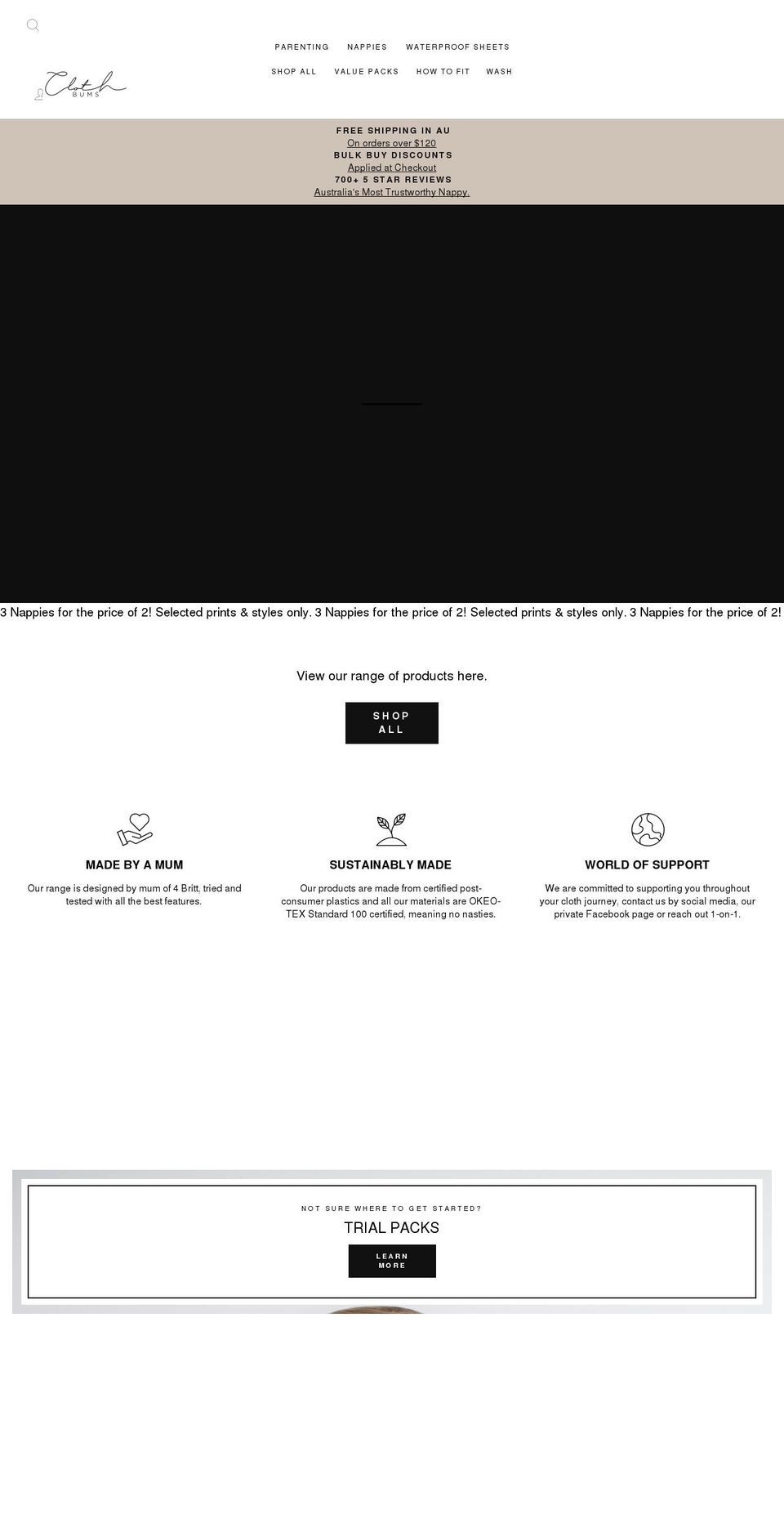 clothbums.com.au shopify website screenshot