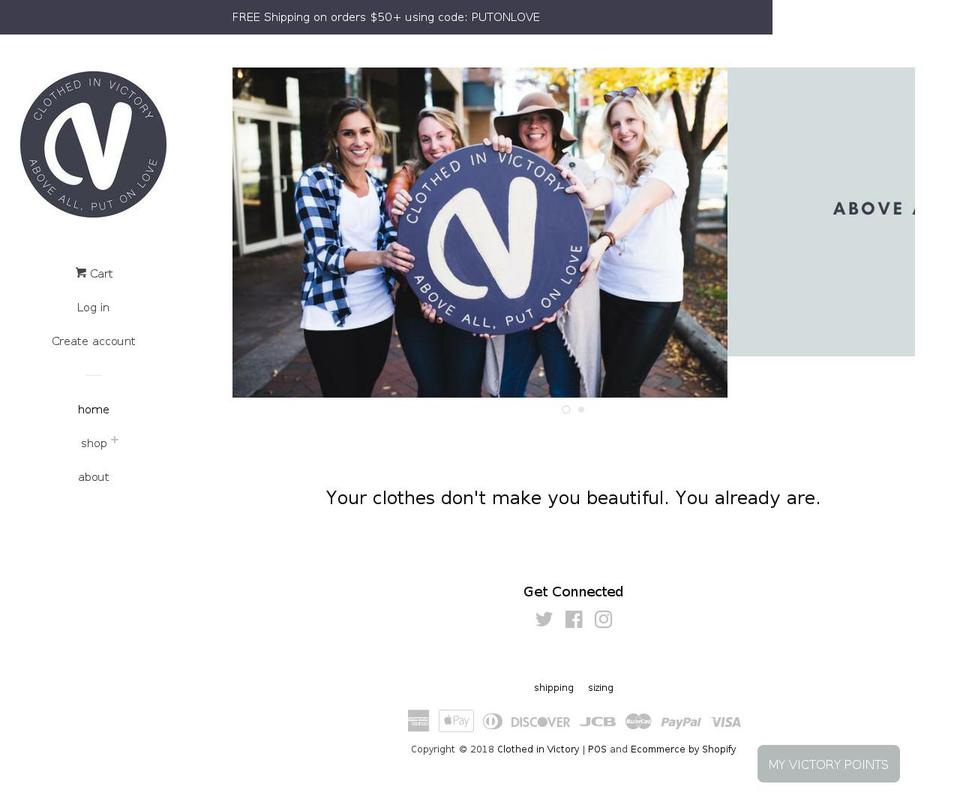 clothedinvictory.com — Shopify storefront screenshot