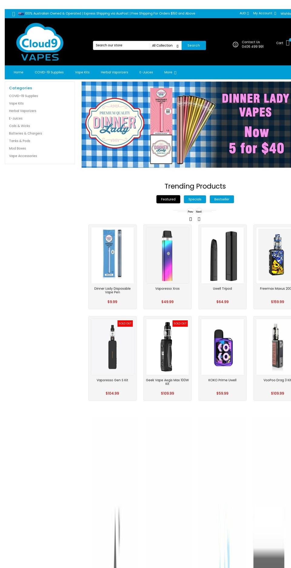 MegaShop Shopify theme site example cloud9vapes.com.au