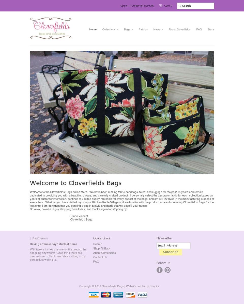 cloverfieldsbags.com shopify website screenshot