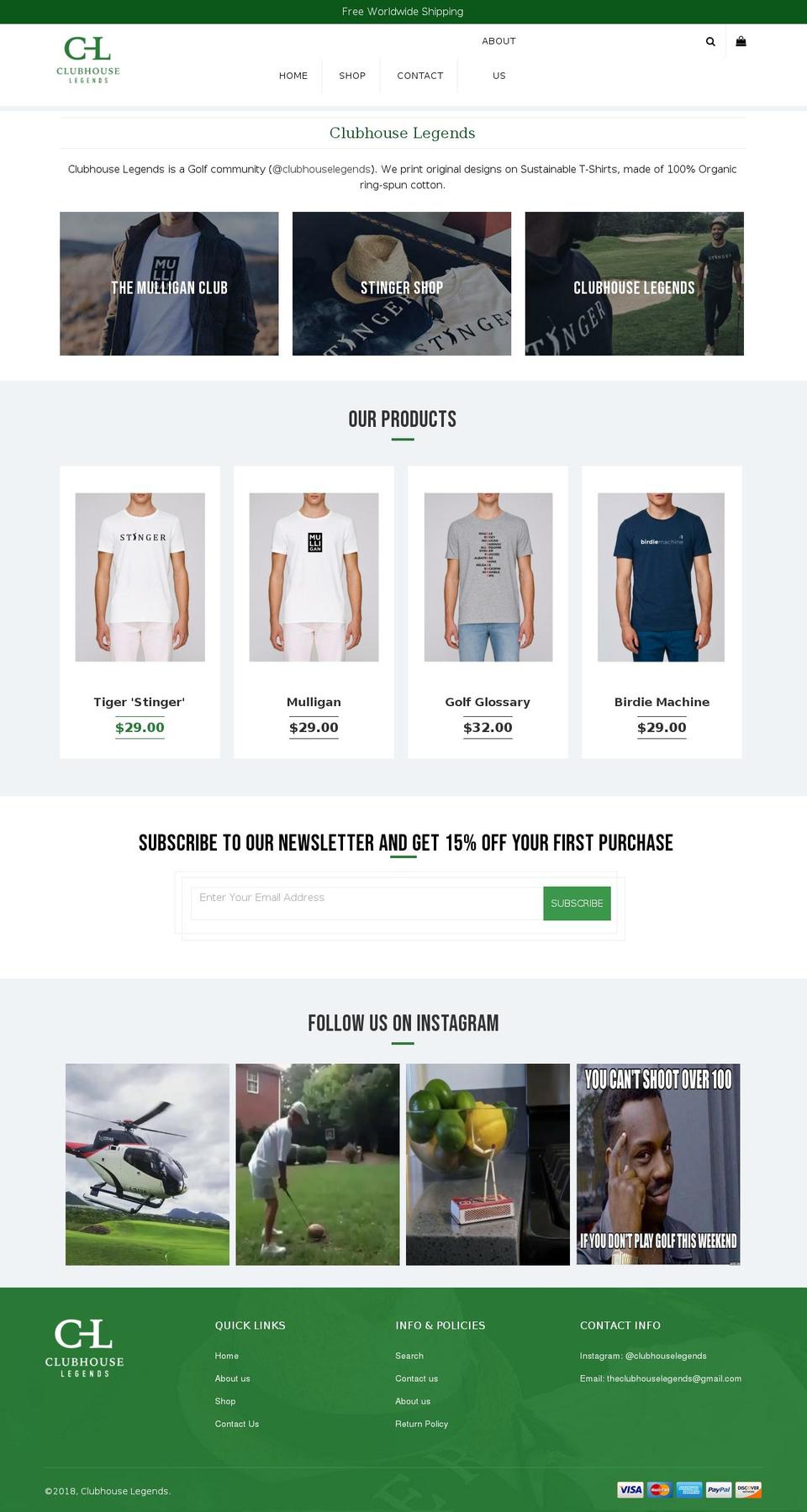 clubhouselegends.com — Shopify storefront screenshot