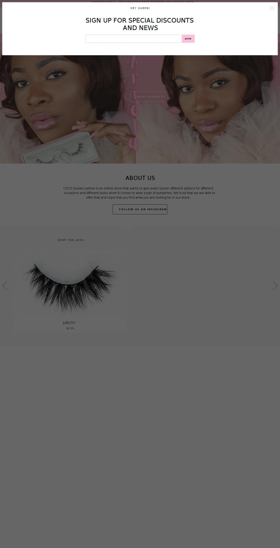 cocoqueenlashes.com shopify website screenshot